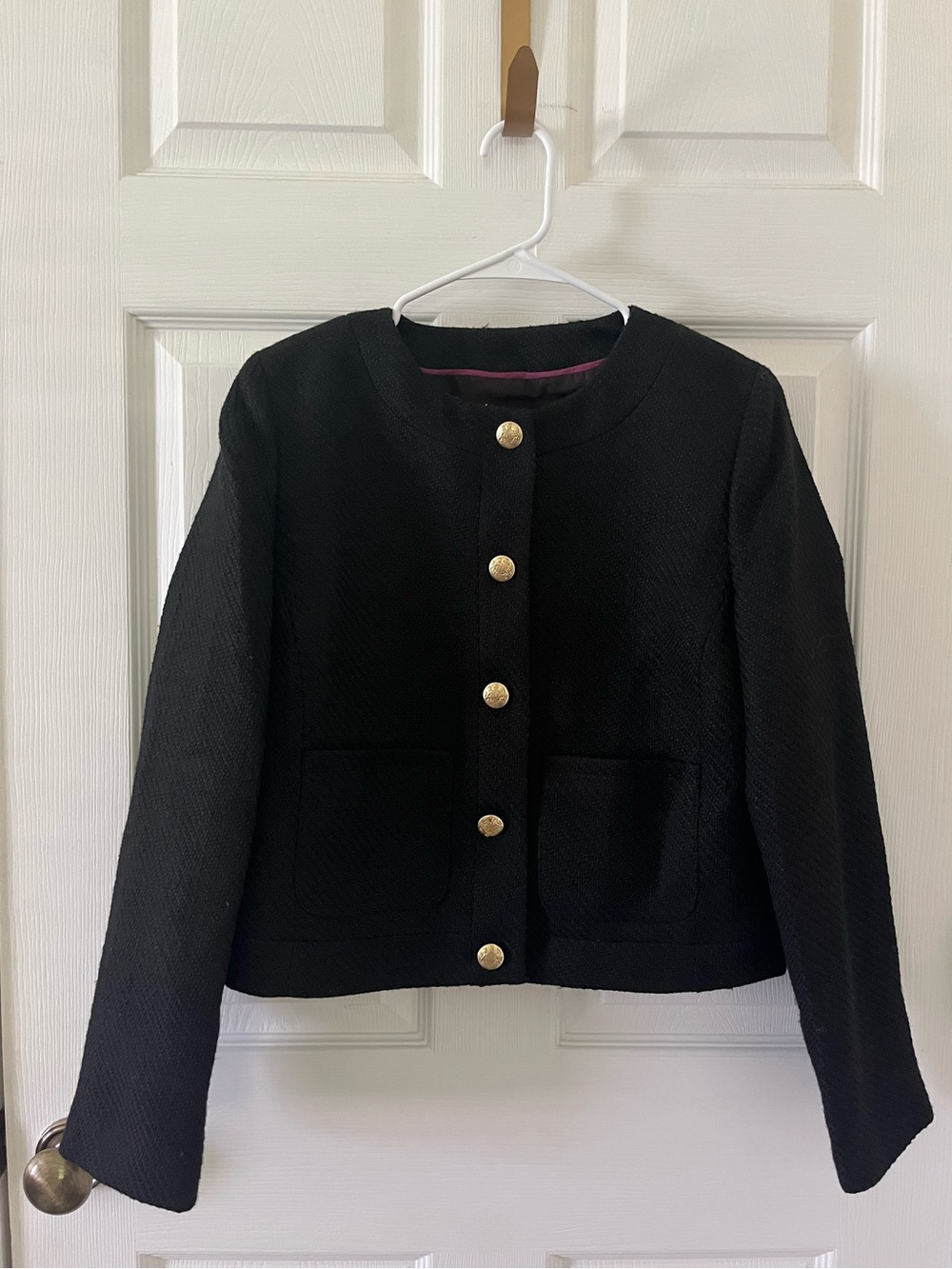 J. Crew Black Textured Tweed Jacket with Gold Buttons